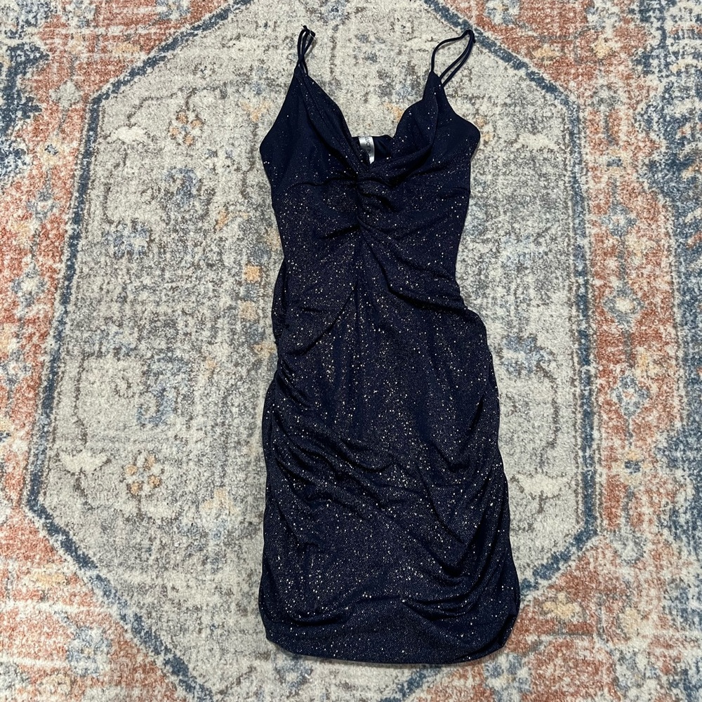 Lucy in the Sky Body Con Navy Blue Glitter Mini Dress Size Small